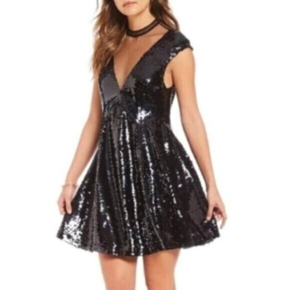 Free People | Dance Till Dawn Black Sequin & Mesh Mini Dress Size XS